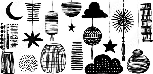 Lantern festival elements with moon, stars, clouds, and ribbons for design