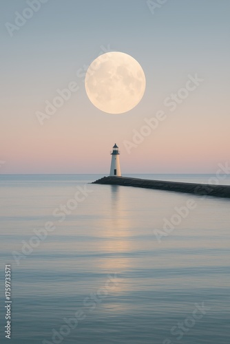 Full moon rising above a lighthouse on calm sea at dusk, serene minimalist seascape with pastel sky reflection. Illustration by Generative AI