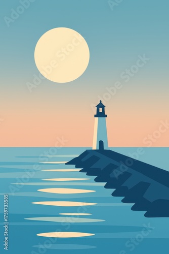 Minimalist illustration of a lighthouse and full moon over calm sea at sunset. Illustration by Generative AI