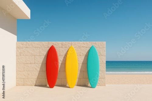 Three colorful surfboards leaning on a stone wall by the beach under clear blue sky. Illustration by Generative AI