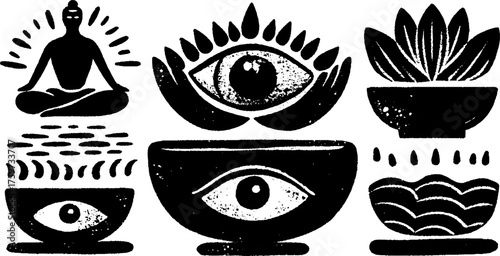 Meditation symbols with lotus, eye, and leaf for wellness and design
