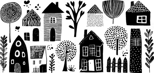 Minimalist scandinavian houses collection: charming linocut style for design, print, and decor
