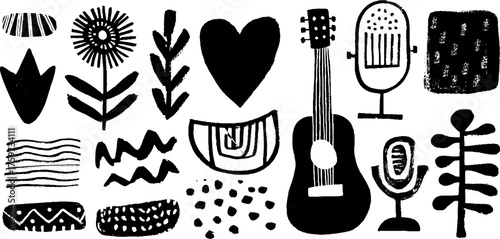 Music day celebration elements with guitar, microphone, and heart design for creative projects