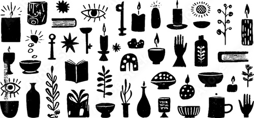 Mystical objects collection: candle, book, key, eye, and star for boho and vintage design