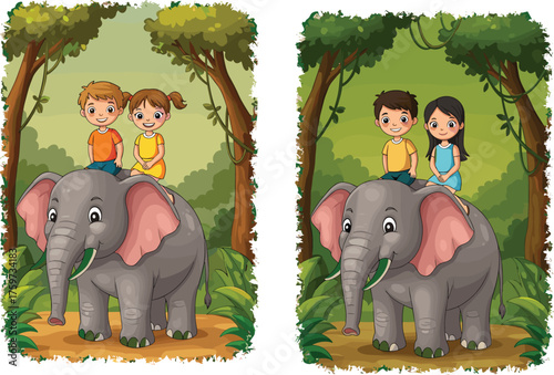 Children riding elephant in forest, kids adventure illustration, wildlife exploration, playful cartoon scene, tropical jungle background, travel, nature, outdoor educational artwork