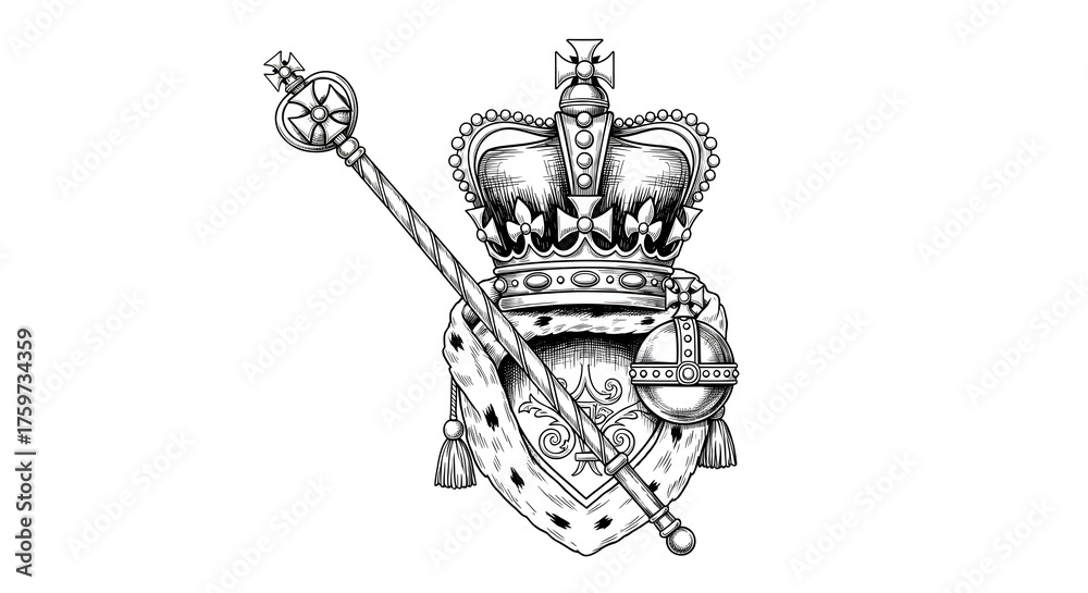 Obraz premium Crown with Scepter and Orb | Royal Crest, Heraldic Symbol for Branding, Graphic Design, and Historical Illustrations