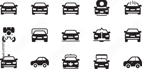 Collection of 15 diverse car icons representing various automotive styles and transportation modes for modern design applications