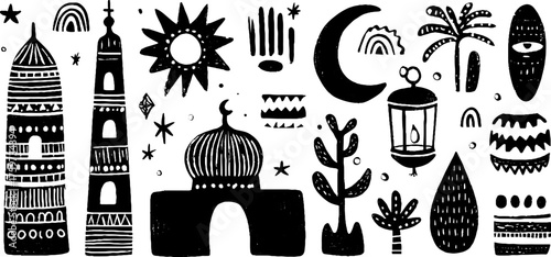 Ramadan celebration elements with moon, mosque, and lanterns in boho folk style