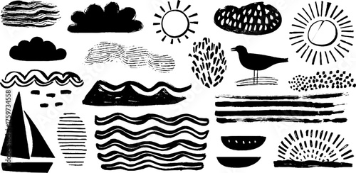 Nautical elements and patterns for design – waves, sun, clouds, and seagulls in black silhouette