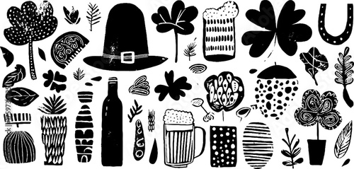 St. patrick's day elements collection with clover, hat, beer, horseshoe, and coin for festive designs