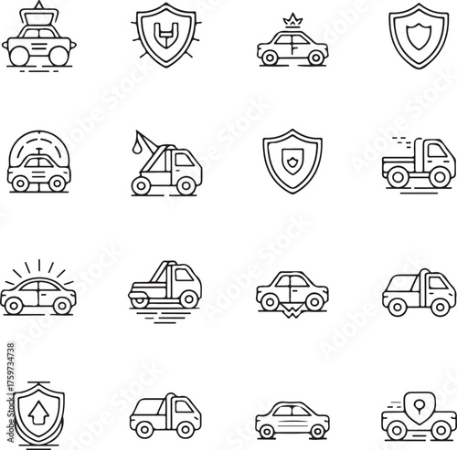 Collection of automotive services and transport icons featuring cars trucks tow trucks and security shields for insurance and roadside assistance concepts