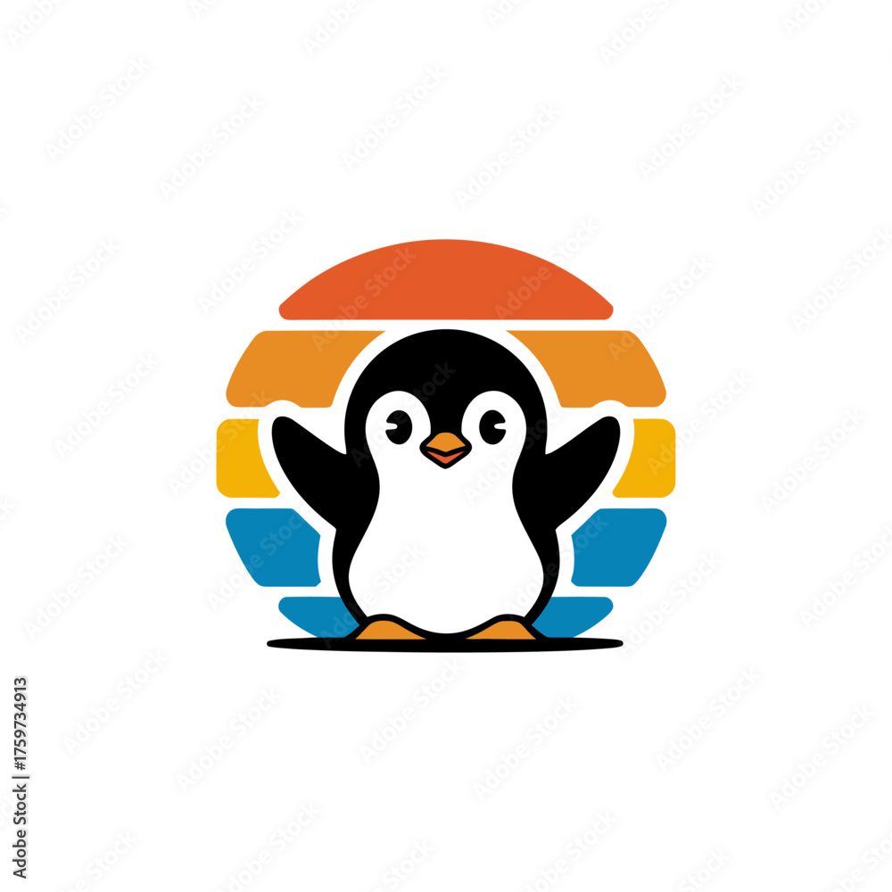 Obraz premium Cute penguin with retro sunset logo design