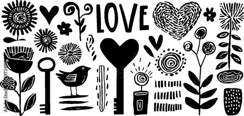 Charming valentine's day elements set: hearts, keys, birds, and flowers for romantic designs