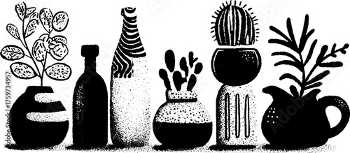 Eclectic collection of vases and pitchers with rustic elements for home decor and design