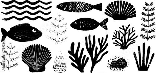 Aquatic elements collection: waves, fish, seaweed, shells, and bubbles design for decor