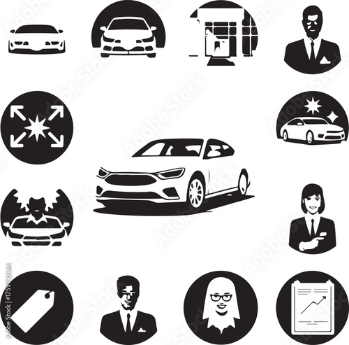 Collection of icons featuring cars businesses professionals and concepts for automotive industry and finance