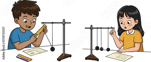 Children science experiment with pendulum, kids learning physics in classroom, educational activity, measuring pendulum length, STEM project, school laboratory study