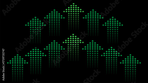 Set of halftone style green arrows pointing upwards on a black background, symbolizing growth, progress and improvement of the digital economy.