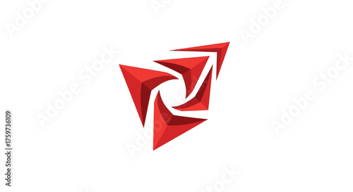 Abstract red geometric design featuring overlapping triangles forming a spiral or vortex effect.