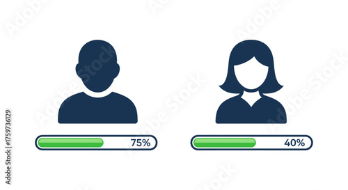Graphic illustration showing male and female figures with progress bars indicating percentages.