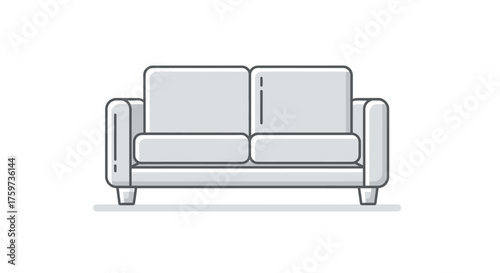 Illustration of a gray two-seater sofa with a minimalist design on a white background.
