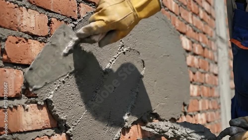 Skilled Worker Applying Fresh Mortar to Brick Wall Surface