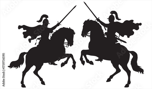 Heroic Warrior Riding Horse in Battle Pose Black Illustration