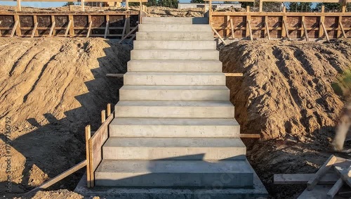 Construction Site with Workers Pouring Concrete Steps