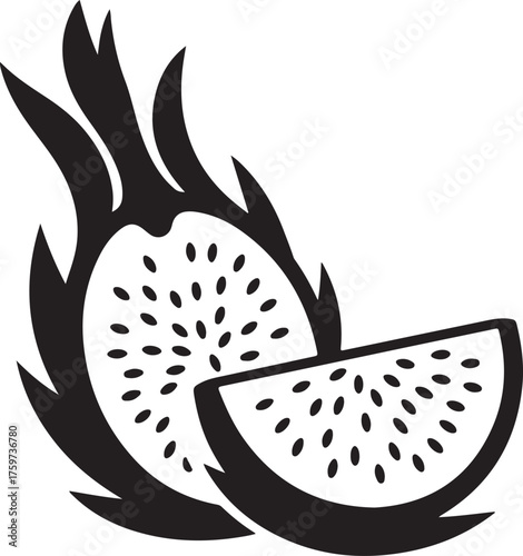 Black Silhouette of Dragon Fruit Halves and Slice Keywords: dragon fruit, pitaya, fruit