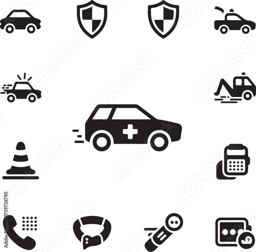 Collection of 12 emergency and service vehicle icons set for roadside assistance and safety services