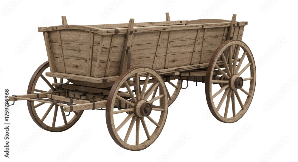 Fototapeta premium Antique wooden horse-drawn wagon with large spoke wheels and rustic texture isolated isolated on transparent background