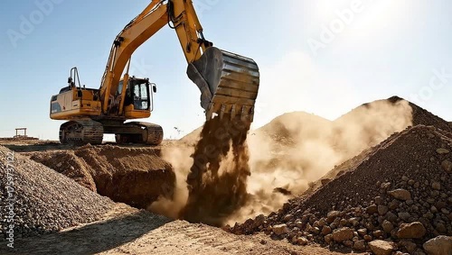 Heavy Excavator Working on Construction Site Amidst Soil Mounds