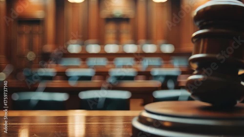 Close-up of a wooden gavel resting on a courtroom table, highlighting its design. The background features empty seats, reflecting the seriousness of the judicial process.