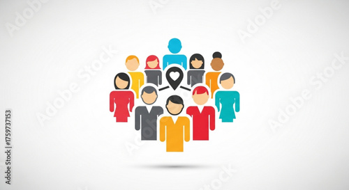 Diverse group of people connected by a central location, symbolizing community, teamwork, and shared interests