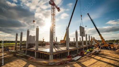 Construction Site with Crane and Workers Under Blue Sky