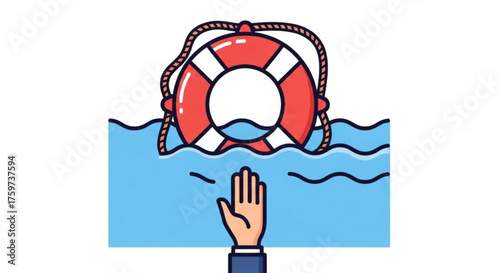A hand reaching for a life preserver the hand is in the water, and the life preserver is floating above it
