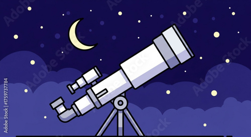 Cartoon telescope against a night sky with moon and stars, perfect for astronomy, science, and exploration themes