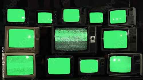 Retro TV Wall with Green Screen Displays - Vintage Television Set Collection