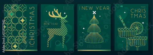 Set of Christmas holiday flat posters on emerald green background. Line art vector illustration. Futuristic Christmas greeting card design. Vector illustration