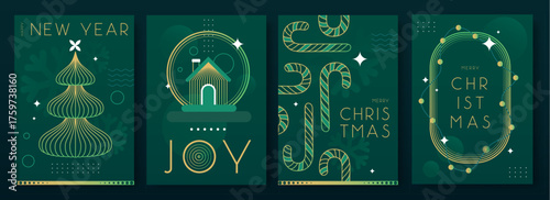 Set of Christmas holiday flat posters on emerald green background. Line art vector illustration. Futuristic Christmas greeting card design. Vector illustration