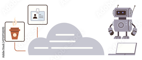 Robot interacting in cloud computing environment with coffee, ID card, laptop connection. Ideal for automation, remote work, AI integration, technology, workflows, connectivity simple flat metaphor