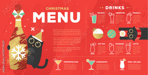 Restaurant Christmas holiday flat menu design with funny cats. Vector illustration