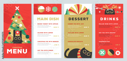 Restaurant Christmas holiday flat menu design with funny cats. Vector illustration