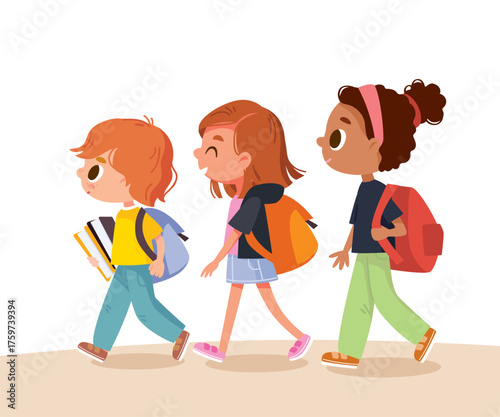 Group of young little diverse children, smaller boy and two bigger girls, orderly, walking to school with backpacks and textbooks, one after another, uphill, In a line. Young boy and two older girls