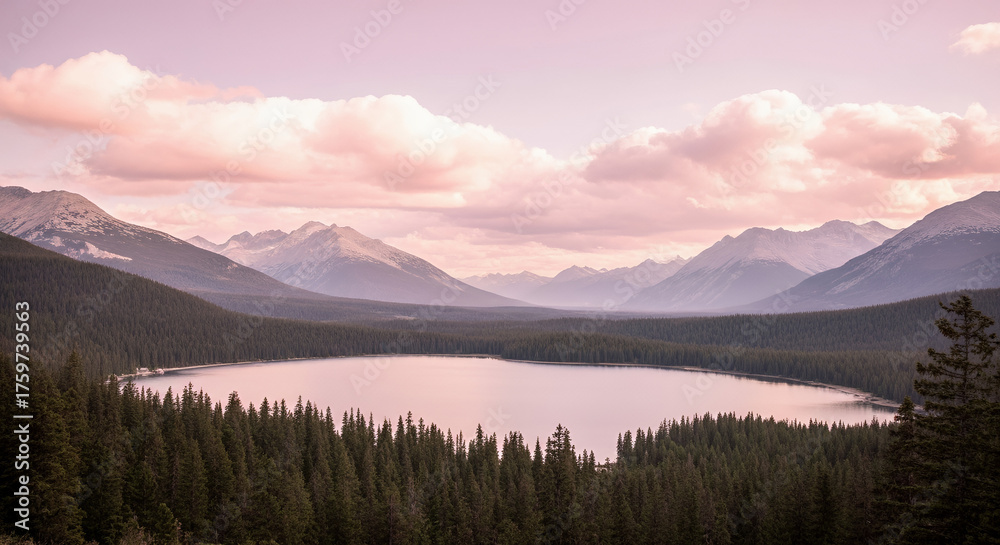 Obraz premium Mountain landscape with a tranquil lake and a peaceful mood at sunset