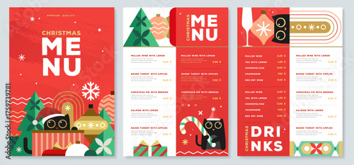 Restaurant Christmas holiday flat menu design with funny cats. Vector illustration