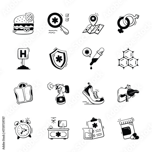 Take your hands on this amazing set of health and medical icons in doodle style