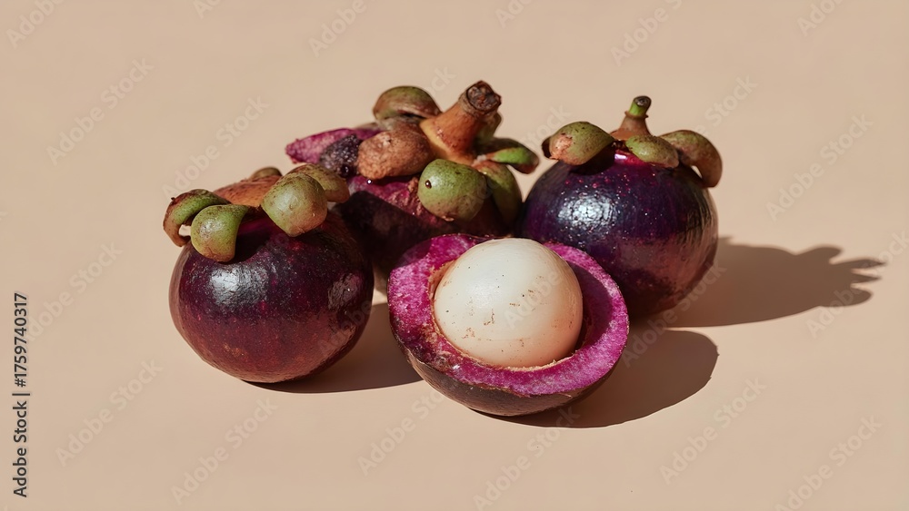 Obraz premium Mangosteens with purple rind; one cut open to reveal the white fleshy segments inside. Concept Mangosteen Fruit, Purple Rind, White Segments Inside, Cut Open to Reveal Flesh