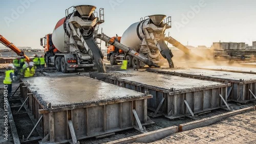 Construction Site with Concrete Mixers and Workers Performing Tasks