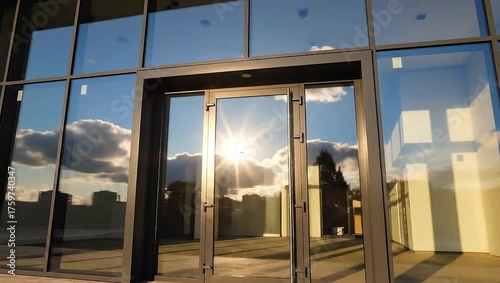 Modern Glass Building Facade with Reflections and Sunset Light
